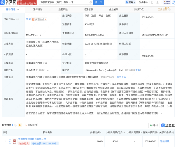 溢诚优配  海航控股成立新公司，含食品进出口业务